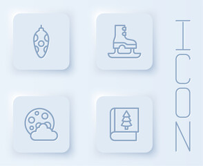 Set line Christmas toy, Skates, night and book. White square button. Vector