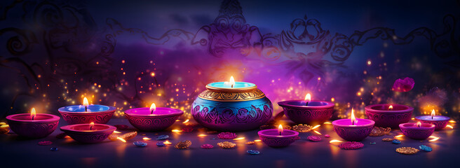 Obraz na płótnie Canvas Radiant Diwali Rangoli with Lamp on Purple Background: Expressing Festive Playfulness - AI-Generated