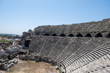 Side Ancient theatre. Turkey. Antalya. Ruins of the ancient city of Side. The largest amphitheater...