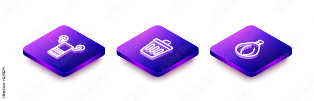 Poster set isometric line towel on hanger, trash can and garbage bag icon. vector