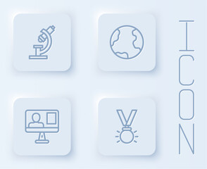 Set line Microscope, Earth globe, Online class and Medal. White square button. Vector