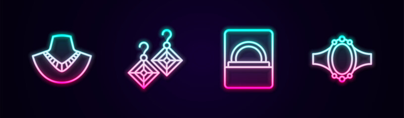Set line Necklace on mannequin, Earrings, Diamond engagement box and . Glowing neon icon. Vector