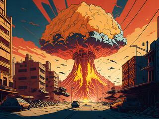 nuclear bomb in city comic - obrazy, fototapety, plakaty