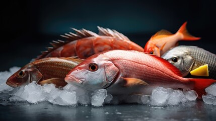 japanese fresh fishes and crustacean on ice. Generative Ai