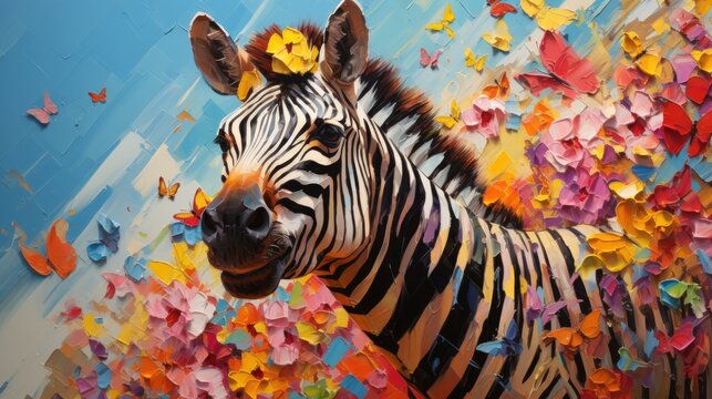 Zebra with fairytale fantasy in fairy and dreamy forest colorful butterflies and flowers background. Kids and baby children illustration fairytale color book. Generative AI