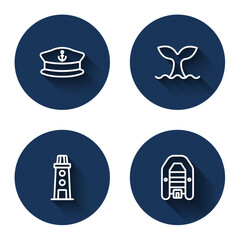 Set line Captain hat, Whale tail, Lighthouse and Inflatable boat with motor with long shadow. Blue circle button. Vector