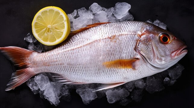 A raw fish white snapper with lemon on ice. snapper fish. Generative Ai