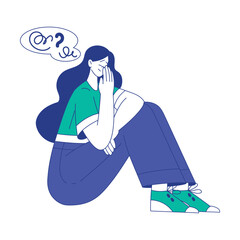 Young Woman Character at the Crossroads with Question Mark Sitting and Thinking Vector Illustration