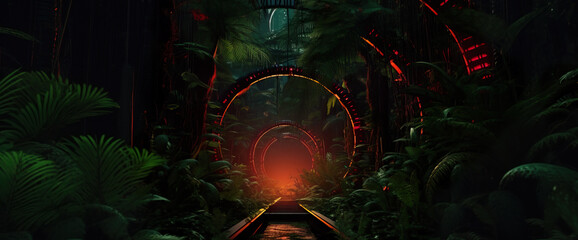 Futuristic city tunnel with green vegetation and neon lighting. Night scene in a city of a future. Cityscape in the style of biopunk. Photorealistic Generative AI illustration.