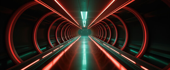 Futuristic city tunnel with bright red green neon lighting. Night scene in a city of a future. Cityscape in the style of cyberpunk. Photorealistic Generative AI illustration.