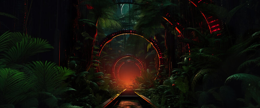 Futuristic city tunnel with green vegetation and neon lighting. Night scene in a city of a future. Cityscape in the style of biopunk. Photorealistic Generative AI illustration.
