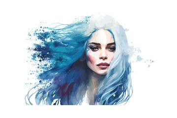 Girl with blue hair watercolor. Vector illustration desing.