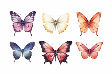 Butterfly collection. Watercolor illustration. Colorful Butterflies clipart set. Pink blue butterfly. Baby shower design elements. Party invitation, birthday celebration. Spring or summer decoration