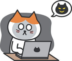 Orange tabby cat doing something wrong using a computer. Vector illustration.