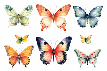 Butterfly collection. Watercolor illustration. Colorful Butterflies clipart set. Pink blue butterfly. Baby shower design elements. Party invitation, birthday celebration. Spring or summer decoration