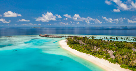 Maldives paradise island. Tropical aerial landscape, seascape pier, water bungalows villas amazing...