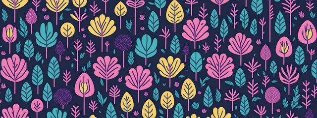 Seamless patterns of flowers and trees, rainbow-themed, repeating patterns design, fabric art, flat illustration, rainbow-core