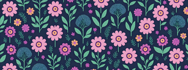 Seamless patterns of flowers and trees, rainbow-themed, repeating patterns design, fabric art, flat illustration, rainbow-core