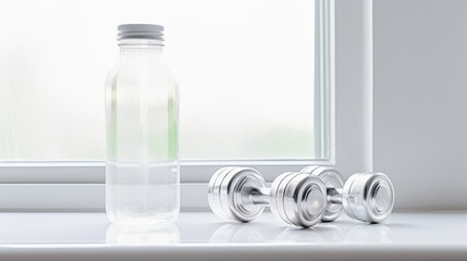 Closeup of dumbbells with drinking water bottle, window light at afternoon background.