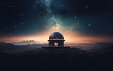 Fototapeta na wymiar Astronomical observatory dome against a stunning view of the sky at night with visible galaxies and stars. Generative AI
