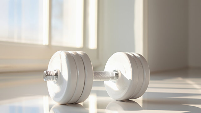 Closeup of dumbbells, window light at afternoon, white background.