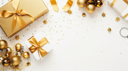 Top view of gold gift box with copy space, golden decorations on white background.