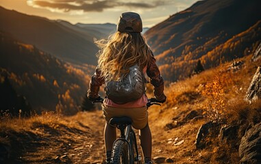Fototapeta premium Girl riding bicycle in countryside on mountain, close up back view generative ai