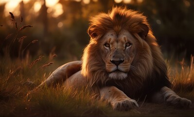 Majestic lion resting in savanna, sunset light, candid shot, vertical composition