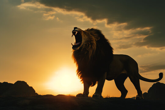 Lion roaring on sunset background
