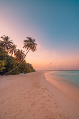 Fototapeta premium Fantastic closeup calm sea waves, sand with colorful sunrise sunset light sky. Tropical island beach. Travel landscape, exotic shore coast. Summer vacation holiday amazing nature. Relax paradise scene