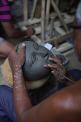 Making of Hindu Goddess Durga Idol at Kumartuli for Durga Puja Festival in Kolkata, West Bengal, India
