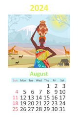 Calendar 2024, August template. a beautiful African girl in an e