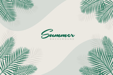 Fototapeta na wymiar Summer Background with green tones and pine green palm leaves on the corner of the frame. Summer background Landscape, header, and card.