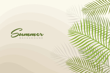 Fototapeta na wymiar Summer Background with green and yellow tones and soft green palm leaves on the right side of the frame. Summer background Landscape, header, and card.