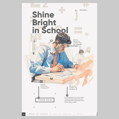 Back to School. First day of school. Banner vector illustration background. A young man is reading a book. Typography poster design and vectorized watercolor illustrations on a background.