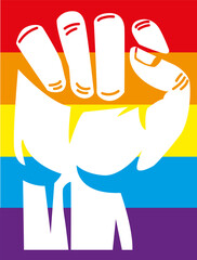 fist in white color with rainbow color background peace pride