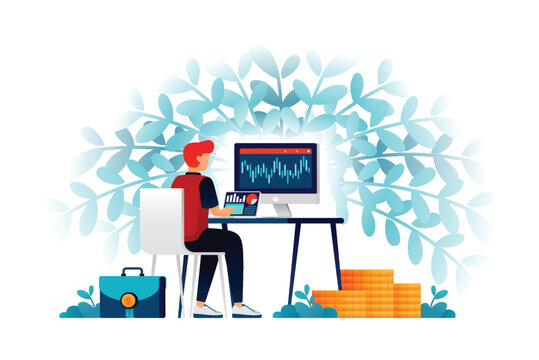 Illustration of man employees get investment inspiration. analyzing and researching banking data on stock and financial investment options. Can be used for web website poster mobile apps magazine ads