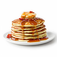 Fluffy stack of pancakes, Drizzled with maple syrup, Topped with a pat of butter and served with a side of crispy bacon. Generative AI