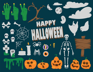 set halloween flat design, elements skull, skeleton, clouds, zombie hands, halloween elements