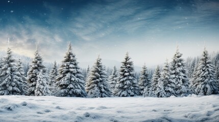 Fototapeta premium Christmas background with snowy fir pines trees AI generated image