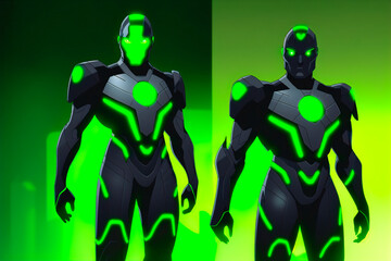 Man in a futuristic suit with glowing green eyes in front of a dark background. Generative AI