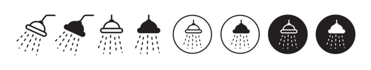 shower head vector icon set. bathroom bathing shower symbol in filled and outlined style in black color. - obrazy, fototapety, plakaty