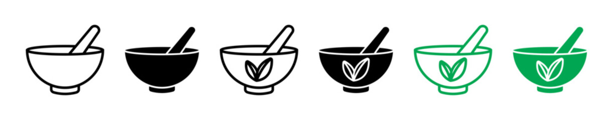 Mortar and pestle icon set. herbs medicine symbol. ayurvedic pill crusher line symbol. indian ayurveda bowl sign in black and green color. - obrazy, fototapety, plakaty
