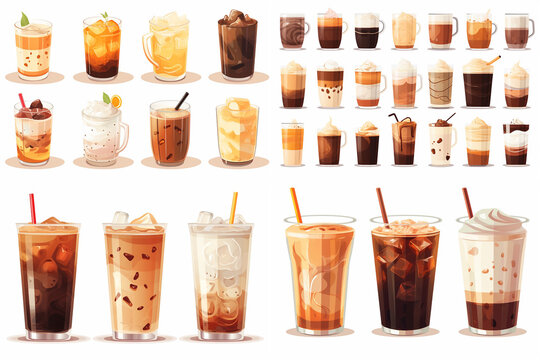 Hot and Cold Coffee Beverage Set: Espresso, Americano, Cappuccino, Latte, and Iced Macchiato. Flat Vector Illustrations Isolated on White Background.