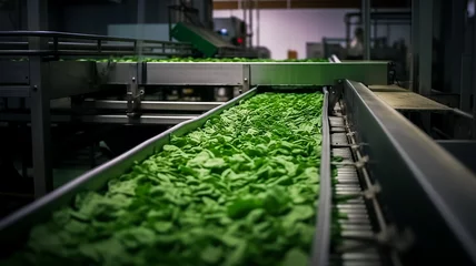 Fotobehang Tapis roulant a vibrations, triant et acheminant de la salade en feuilles pour emballage - Générative IA © Concept Photo Studio