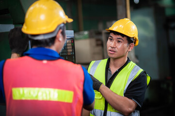 Two young asian male technicians wearing safety uniform workwear, helmets, vest and gloves are Training to work at the lathe control cabinet and inspecting parts intently In industrial plants.