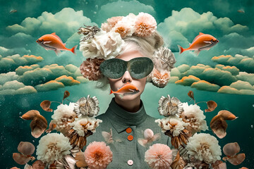Collage surréaliste, femme avec fleurs et poissons sous l'eau - Générative IA