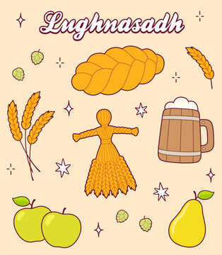 Lughnasadh (Lammas) harvest celebration doodle set
