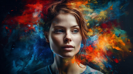 beautiful fantasy abstract portrait of a beautiful woman double exposure with a colorful digital paint splash
