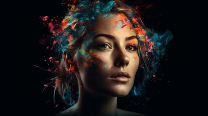 beautiful fantasy abstract portrait of a beautiful woman double exposure with a colorful digital paint splash